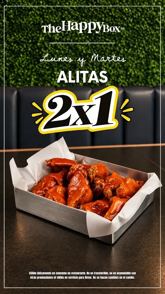 Cartel de la promoción: lunes y martes, alitas 2×1 en The Happy Box