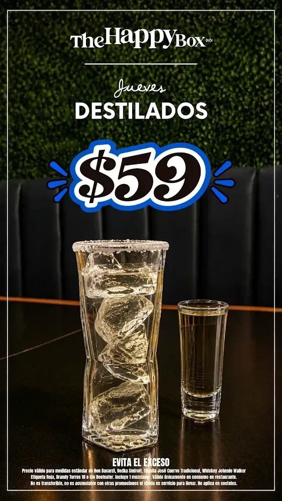 Cartel de la promoción: jueves de destilados a 59 pesos